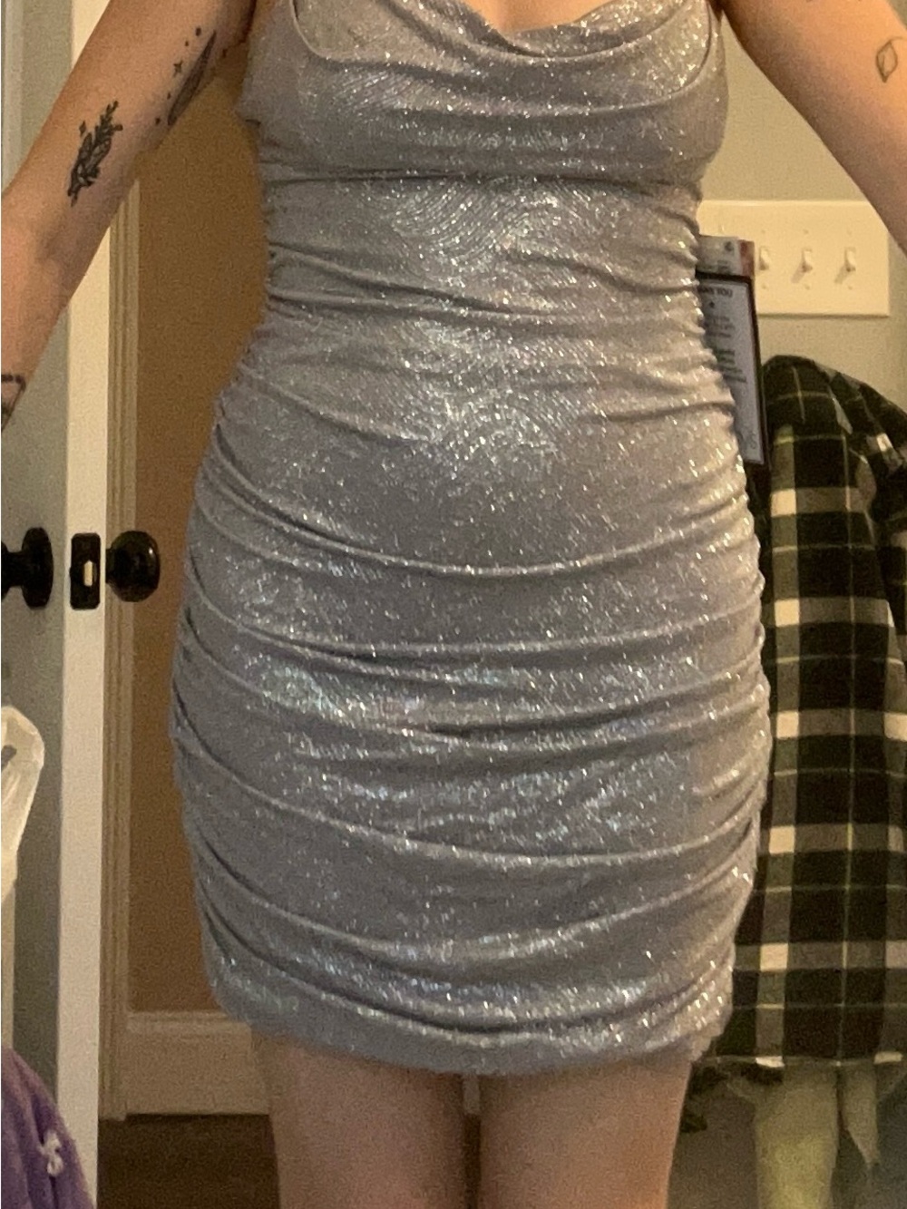 Emerald Sundae Silver Sparkle Ruched Mini Dress